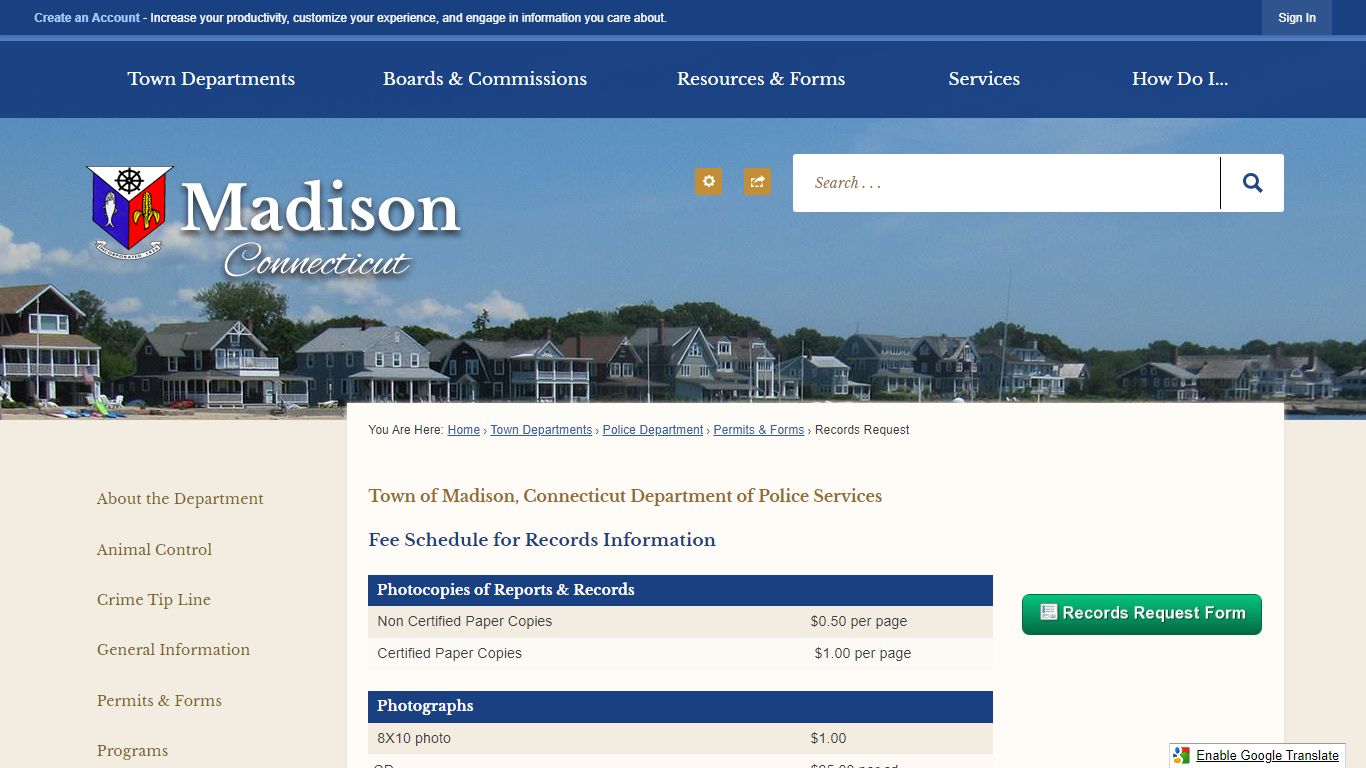 Fee Schedule for Records Information - Madison, CT